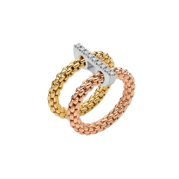         Gelbgold &amp; Roségold &amp; Weißgold, Ringe, FOPE Prima doppelter Mesh-Ring mit Diamantpavé